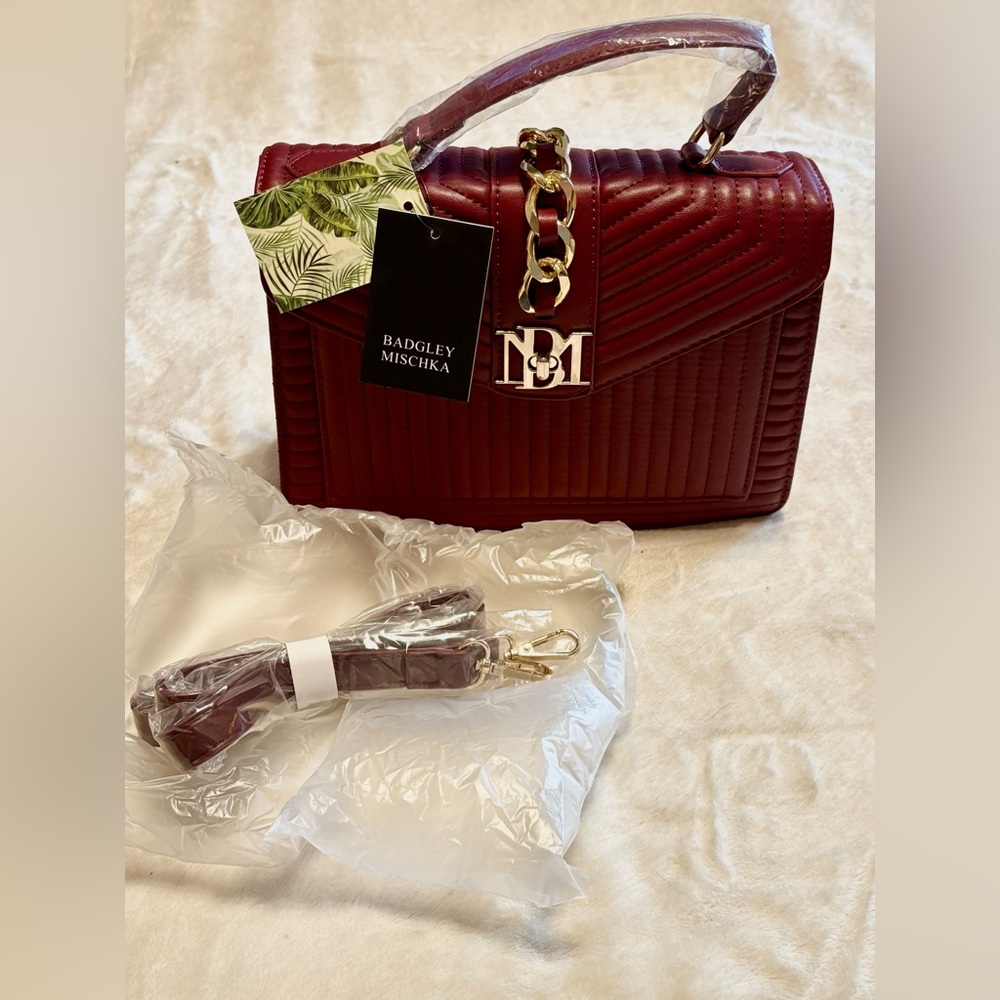 COPY: Badgley Mischka Red Quilted Handbag with Crossbody Strap and Gold Hardware - Picture 9 of 13